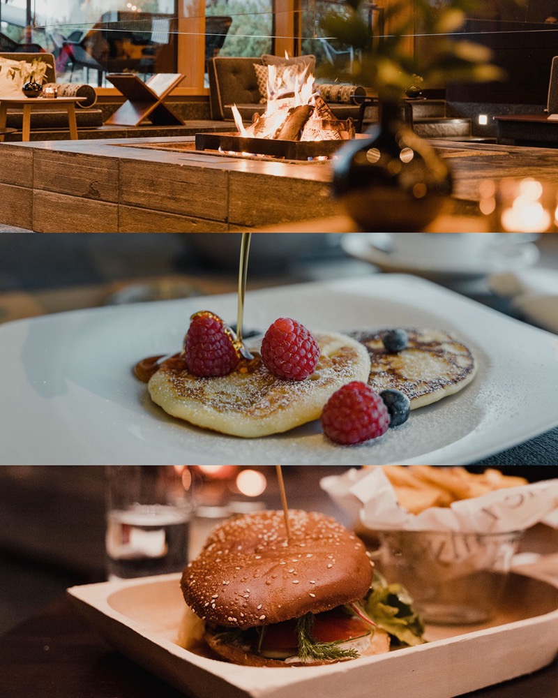 Collage: Hotelrestaurant, Pancakes mit Beeren und ein Burger