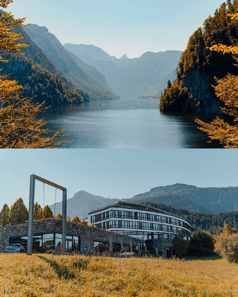 Collage: Bergsee zwischen Felswänden und ein Hotel vor Bergkulisse