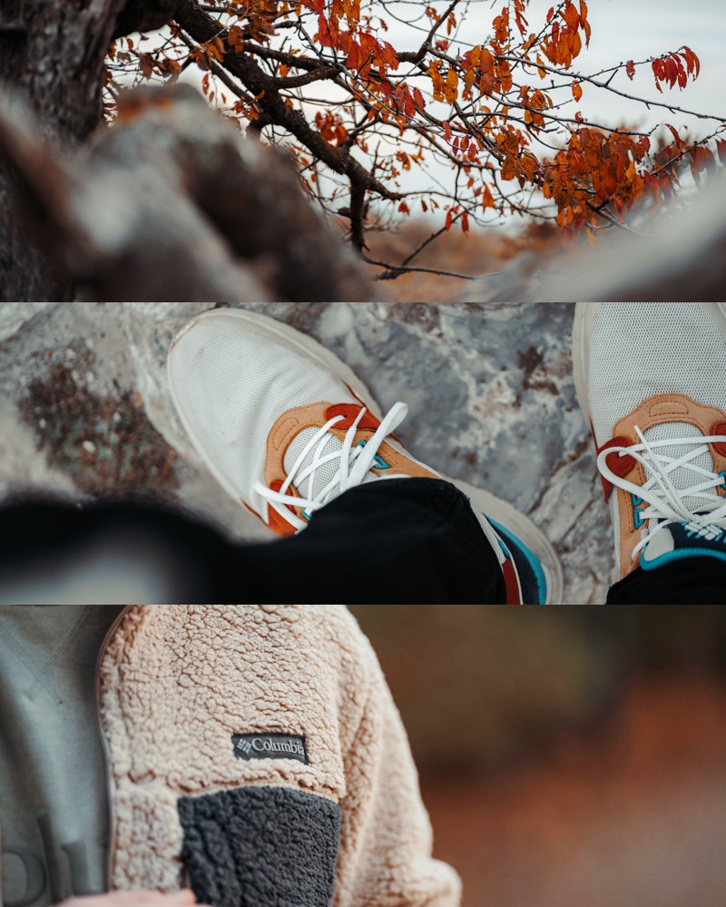Collage: Sneaker zwischen Herbstlaub und eine Person im Strickpullover