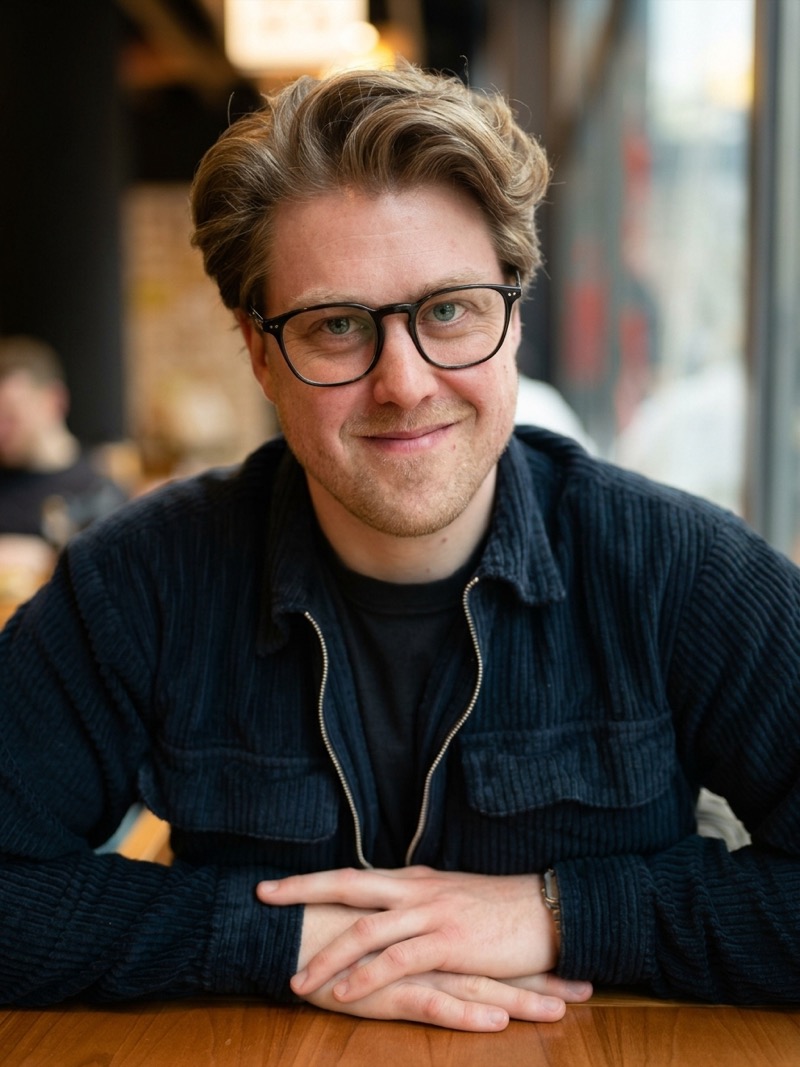 Dominik Saure, lächelnd mit Brille und dunkler Cordjacke an einem Holztisch in einem Café